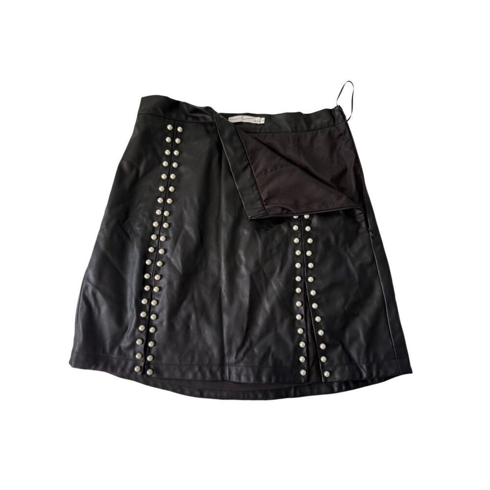 By Egreis Womens Black Luna Faux Leather Pearl Embellished A-Line Skirt Large
